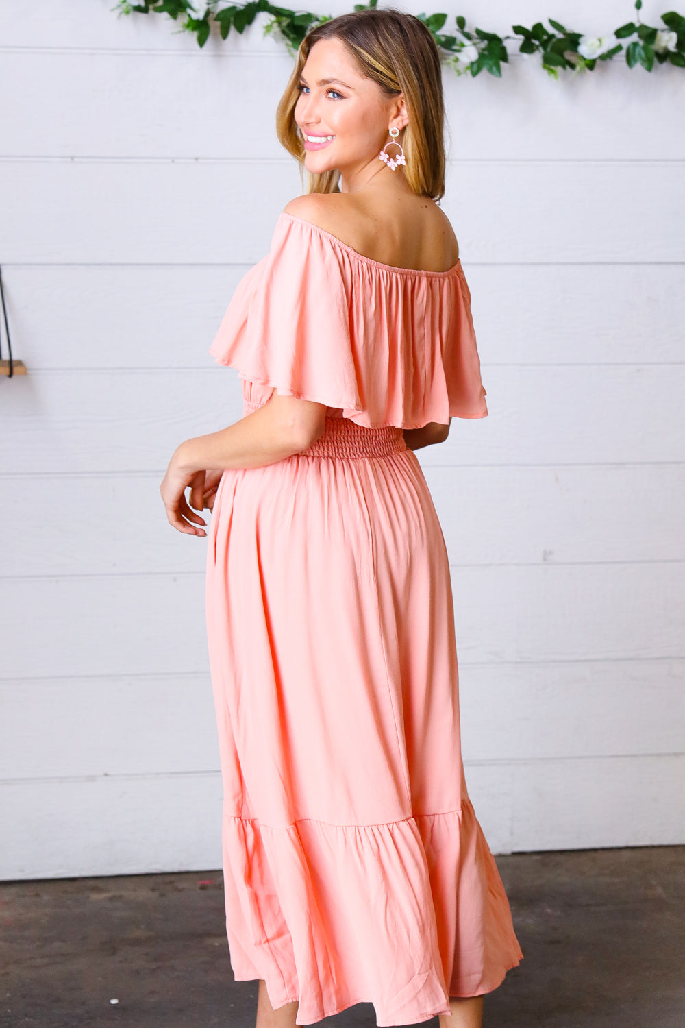 Coral off Shoulder Smocked Waist Ruffle Sleeve Midi Dress