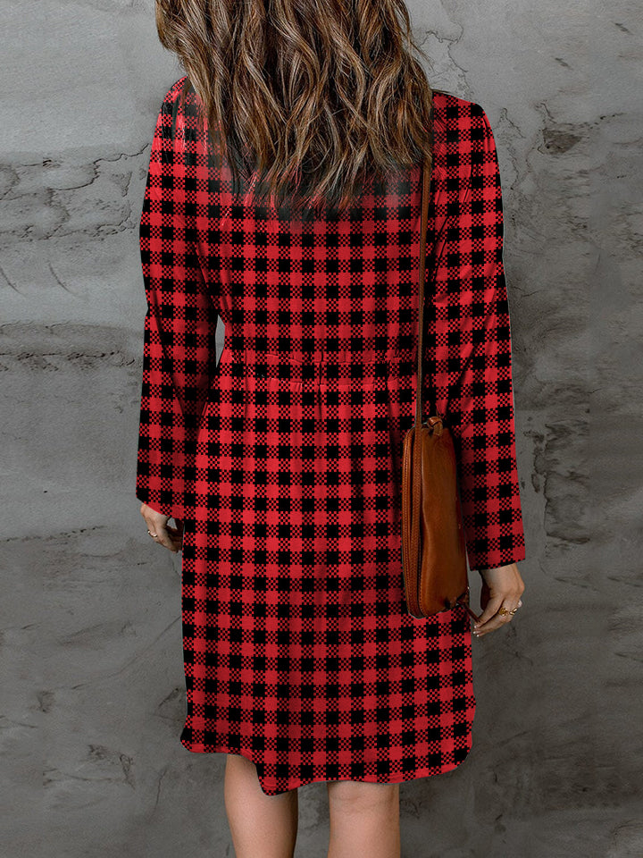 Double Take Plaid Round Neck Long Sleeve Magic Dress