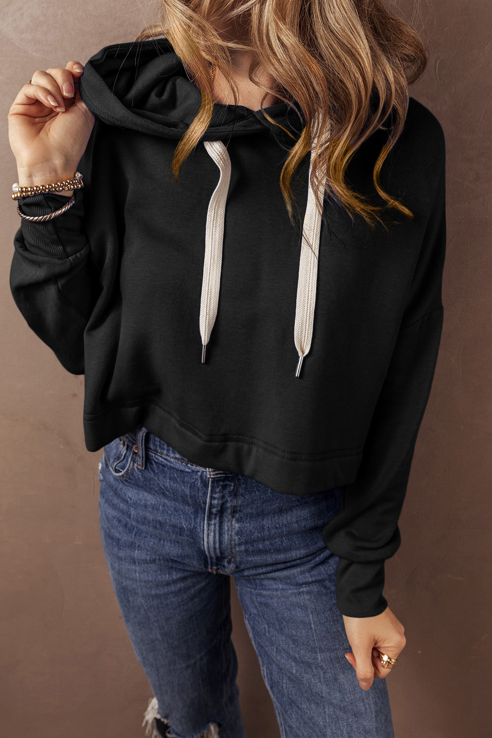 Solid Drop Shoulder Drawstring Cropped Hoodie- 2 Color Options