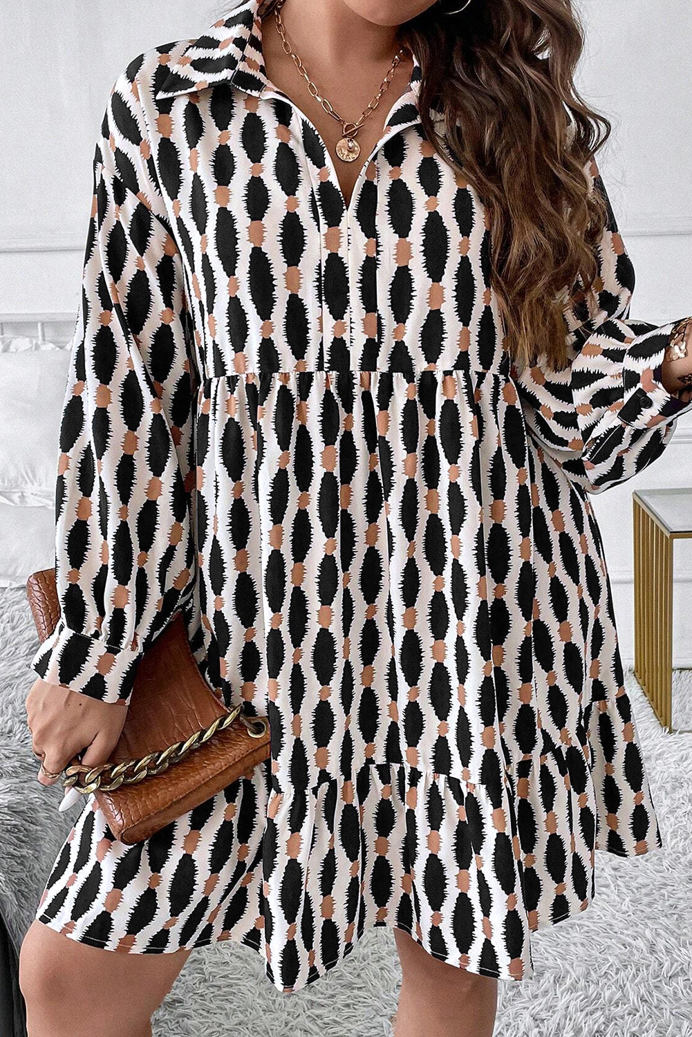 Apricot Geometric Print Collared V Neck Plus Size Dress