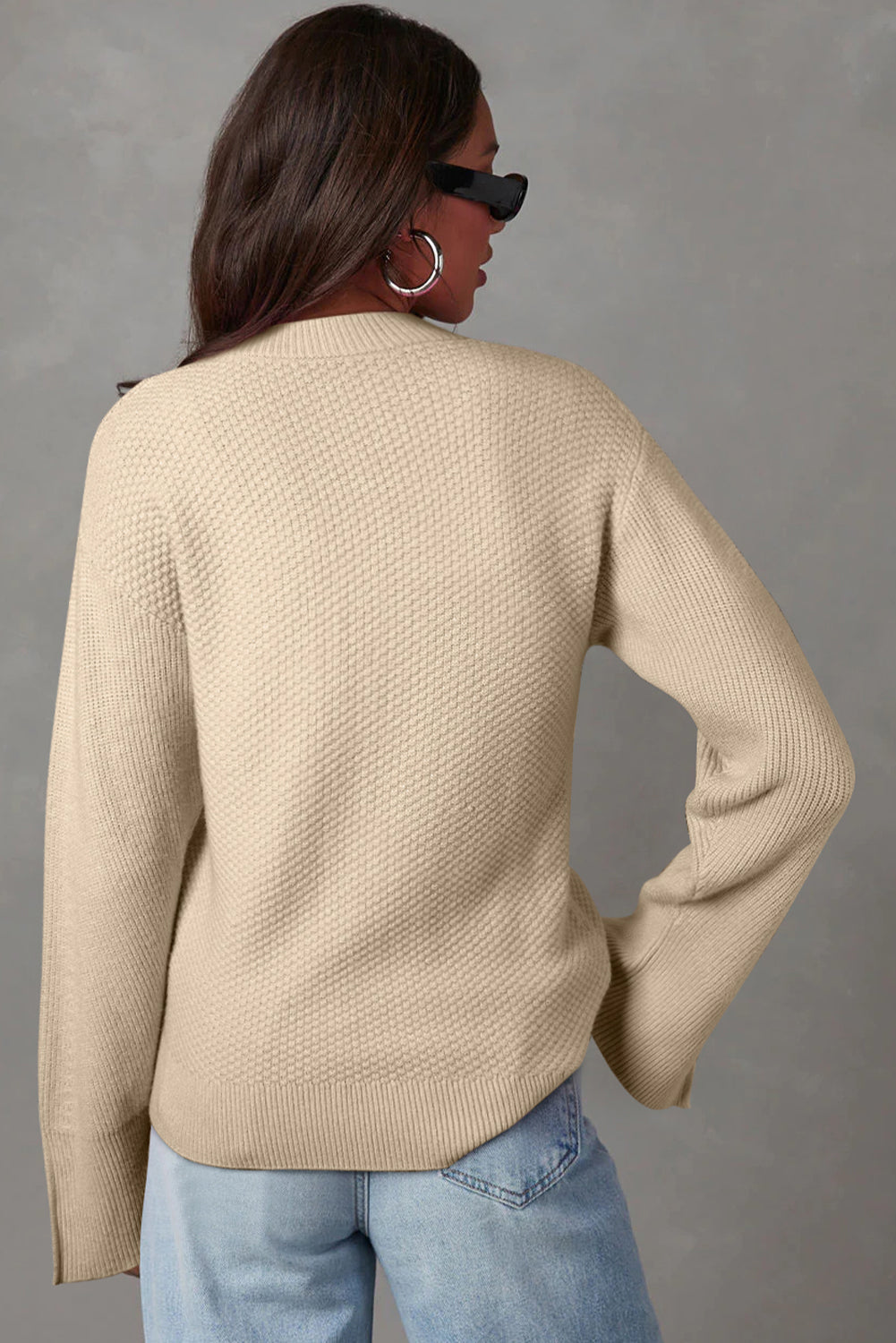 Solid Textured Knit Split Cuff Sweater- More Colors Available