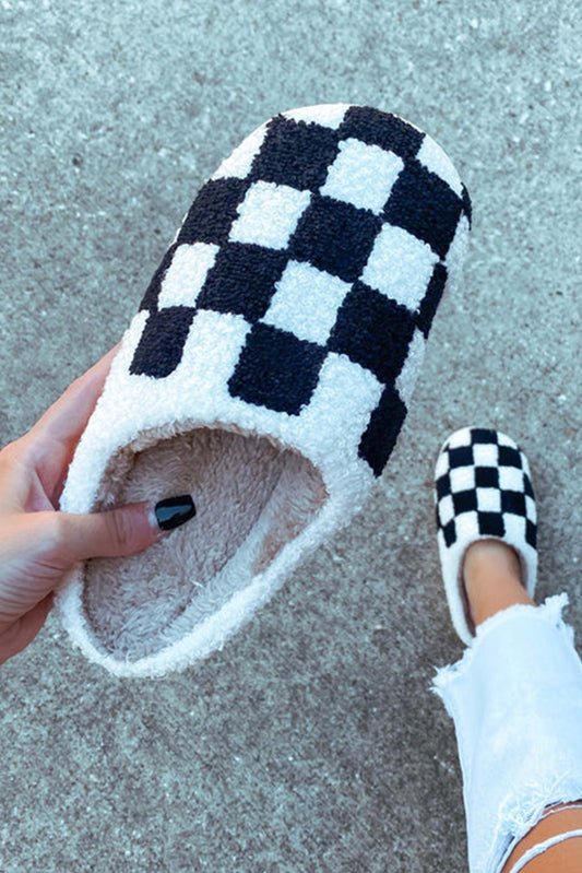 Black Checkered Fuzzy Slip On Slippers