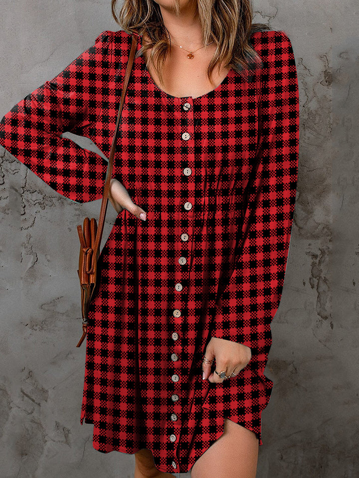 Double Take Plaid Round Neck Long Sleeve Magic Dress