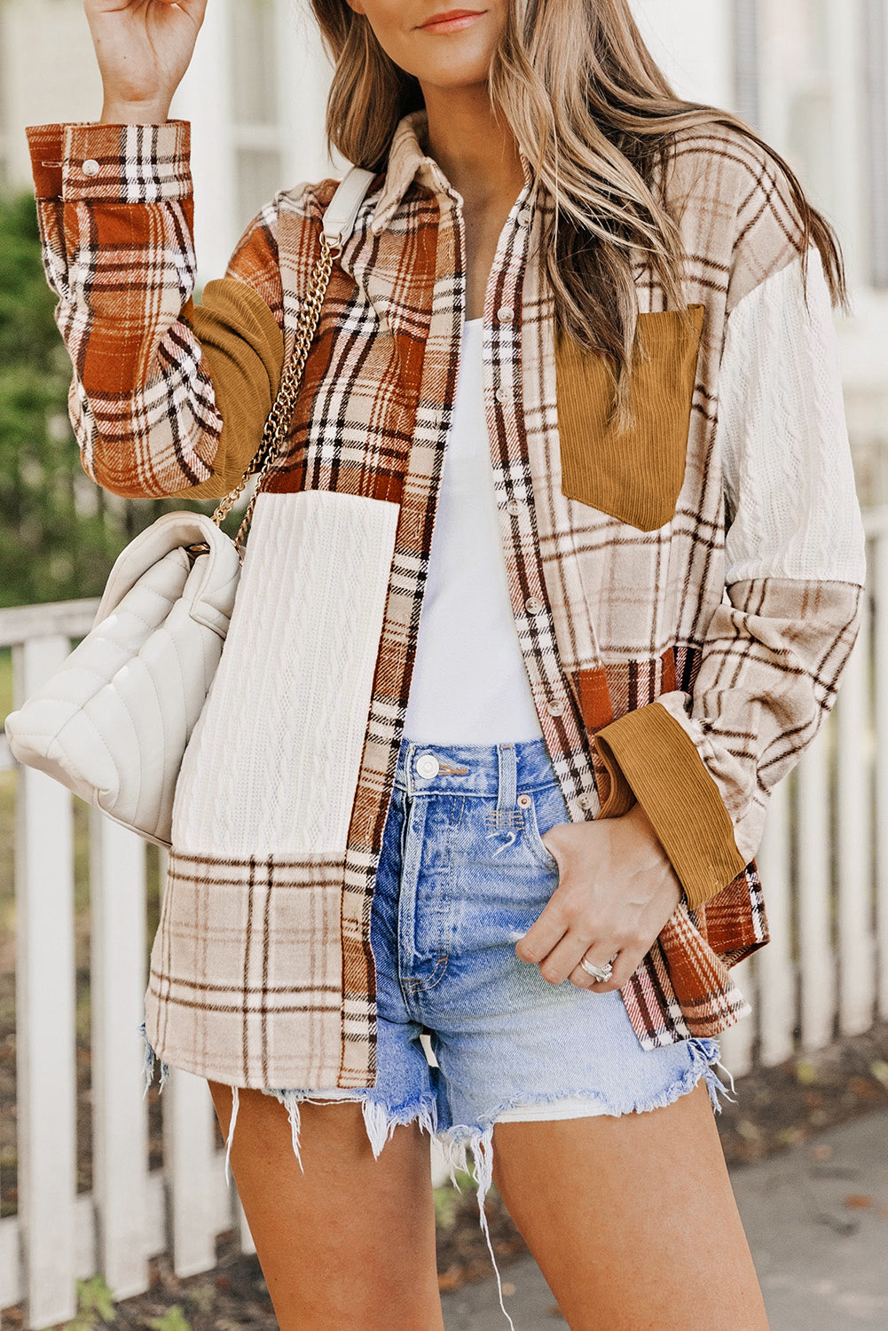 Orange Plaid Color Block Patchwork Shirt Jacket with Pocket