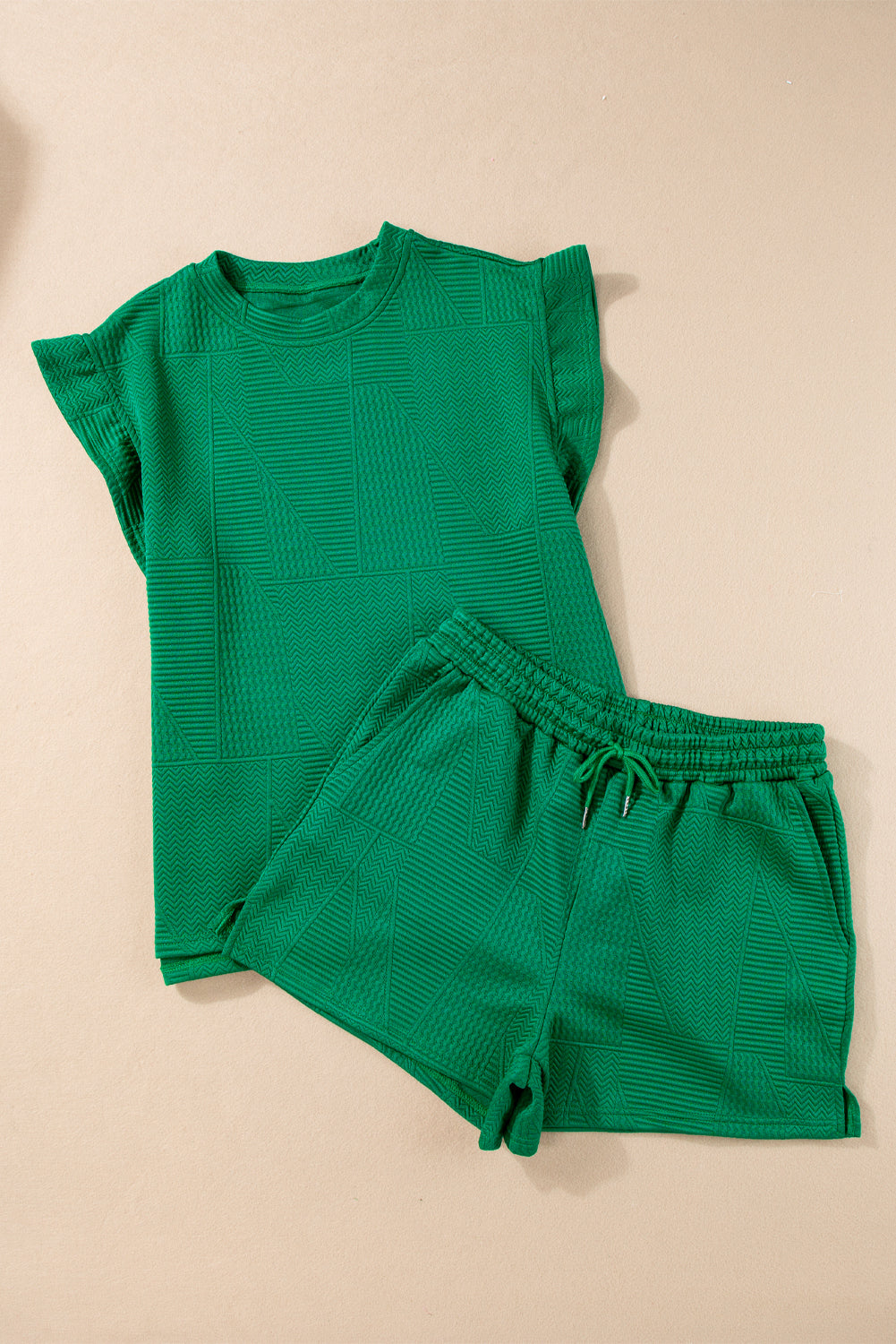 Dark Green Textured Ruffle Split Top and Drawstring Shorts-4 COLOR OPTIONS