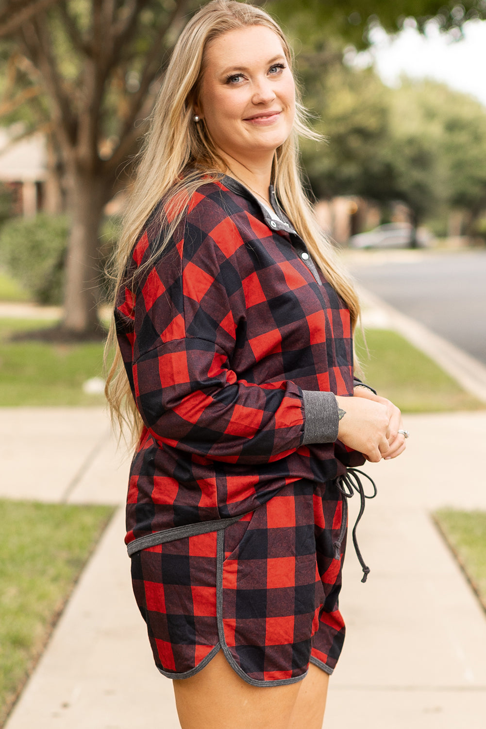 Red Christmas Buffalo Print Top and Shorts Plus Size Set