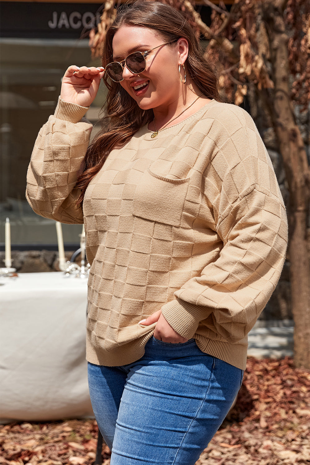 Checkered Textured Knit Plus Size Sweater