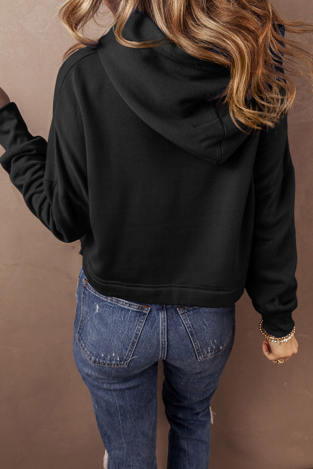 Solid Drop Shoulder Drawstring Cropped Hoodie- 2 Color Options