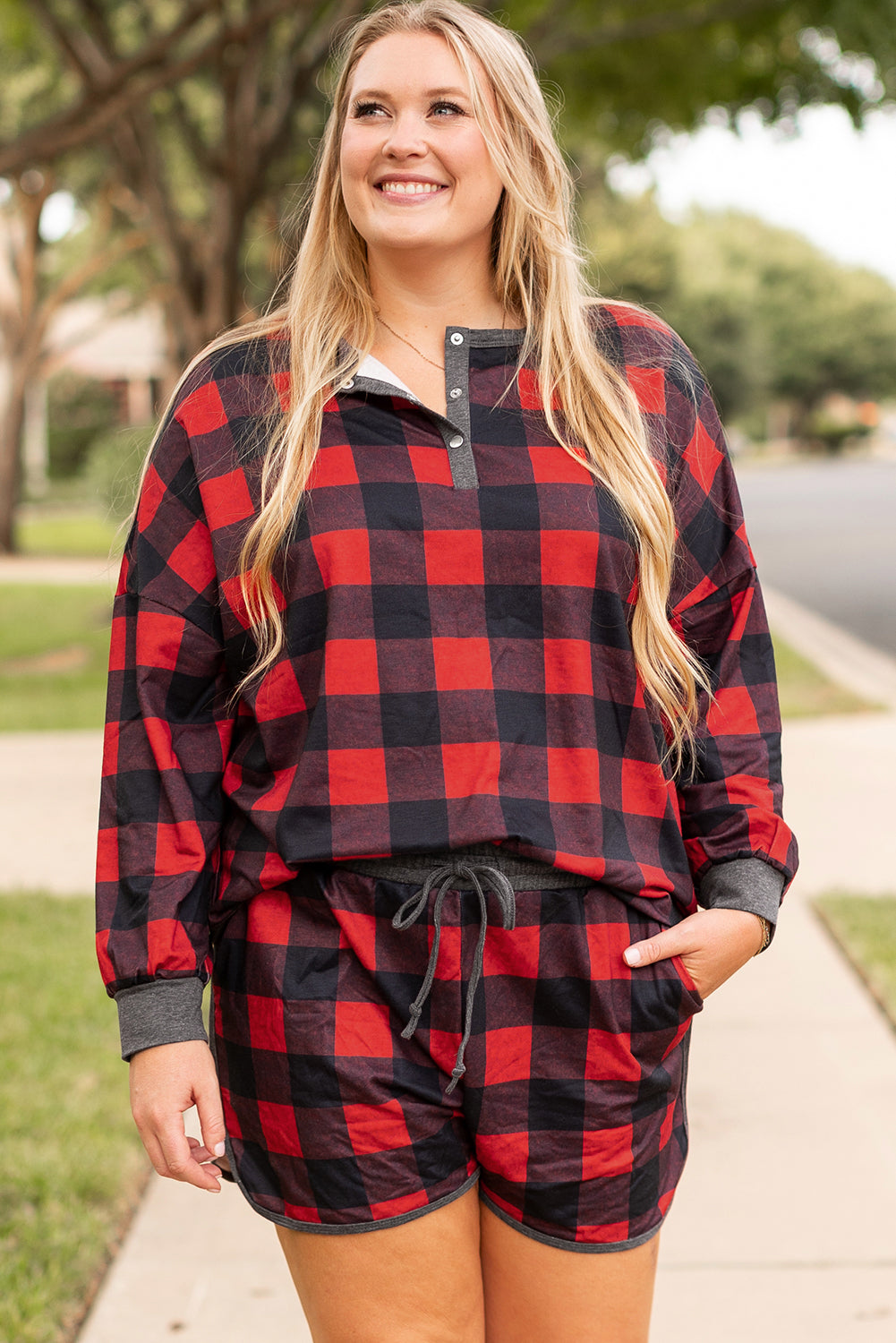 Red Christmas Buffalo Print Top and Shorts Plus Size Set