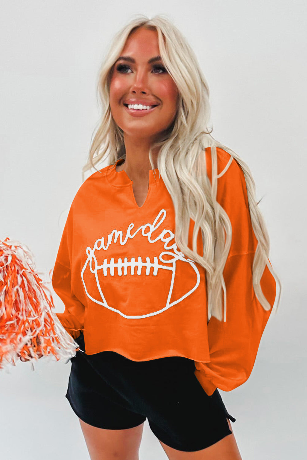 Orange Game Day Lettering Rugby Football Notched Neck Sweatshirt