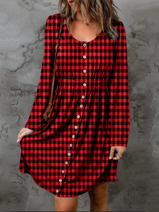 Double Take Plaid Round Neck Long Sleeve Magic Dress