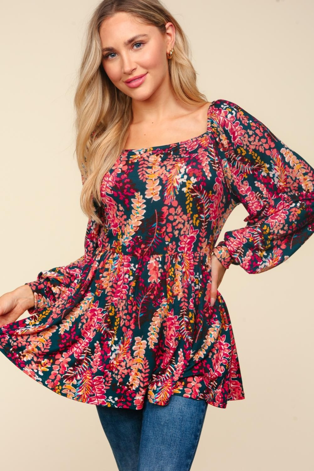 Haptics Peplum Floral Square Neck Blouse