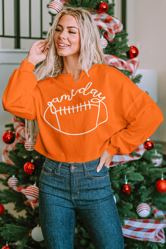 Orange Game Day Lettering Rugby Football Notched Neck Sweatshirt