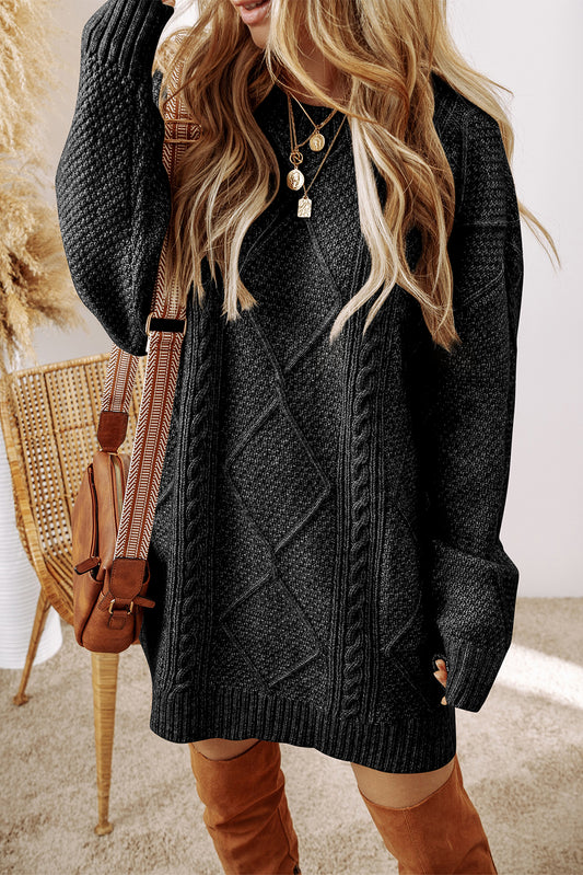 4 Colors Available- Cable Knit Drop Shoulder Loose Fit Sweater Dress